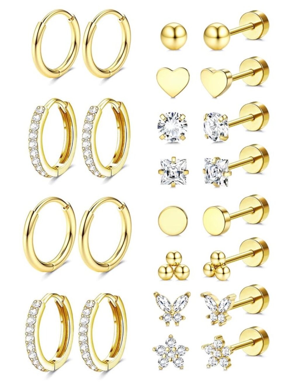 Hypoallergenic 14K Gold Plated Flat Back Stud and Hoop Earrings Set for Women